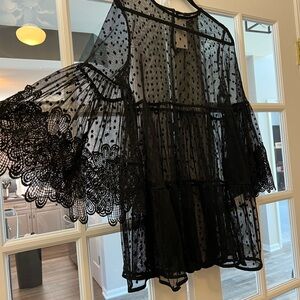 Black lace tiered sheer dress with laced bell sleeves sz L NWT